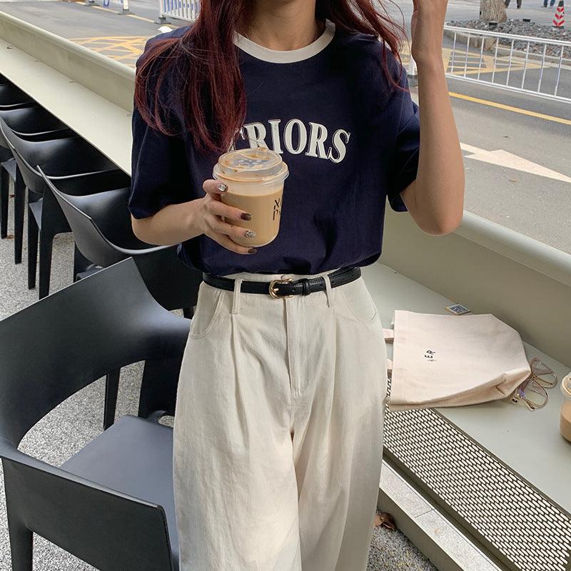 Summer Korean Style Women's Cotton Heel Wrapped Collar BF Style Loose Contrast Color Letter Print Short-sleeve - Nioor