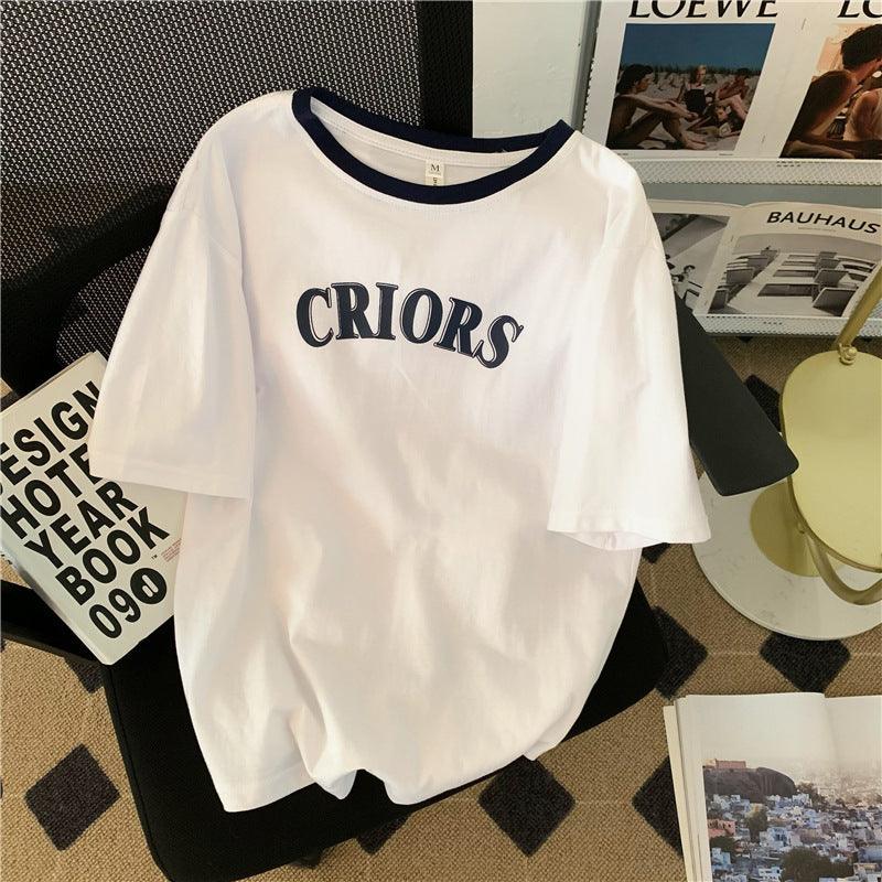 Summer Korean Style Women's Cotton Heel Wrapped Collar BF Style Loose Contrast Color Letter Print Short-sleeve - Nioor