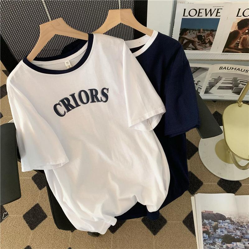 Summer Korean Style Women's Cotton Heel Wrapped Collar BF Style Loose Contrast Color Letter Print Short-sleeve - Nioor