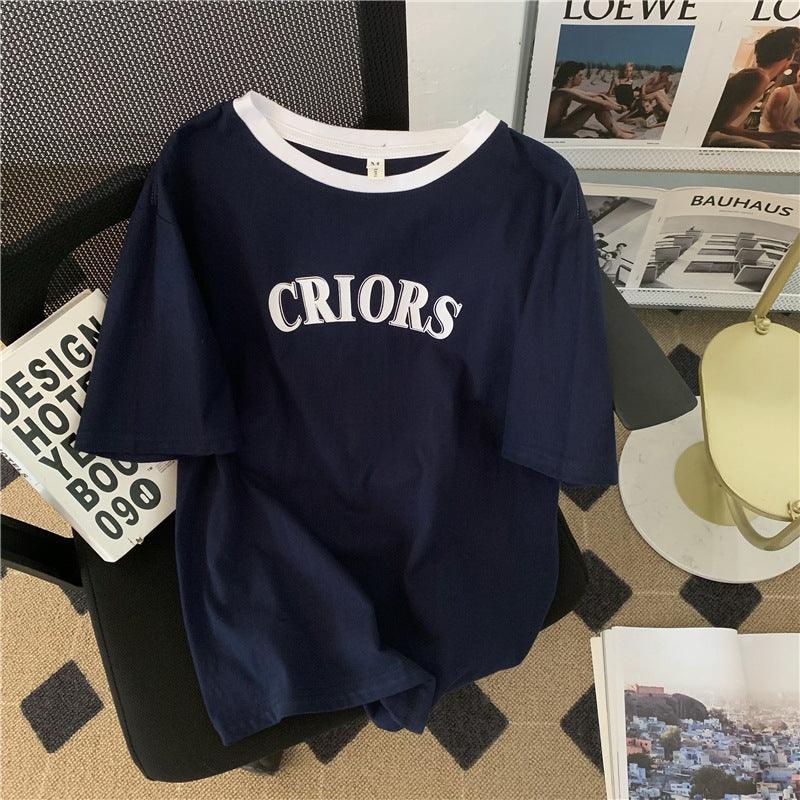 Summer Korean Style Women's Cotton Heel Wrapped Collar BF Style Loose Contrast Color Letter Print Short-sleeve - Nioor