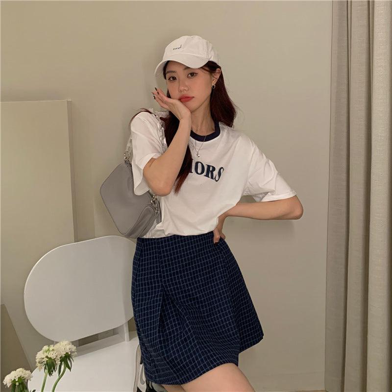 Summer Korean Style Women's Cotton Heel Wrapped Collar BF Style Loose Contrast Color Letter Print Short-sleeve - Nioor