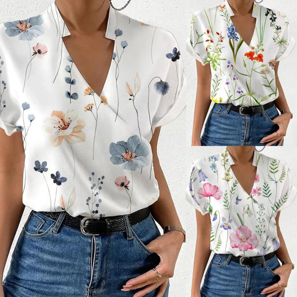 Summer Loose V-neck Stand Collar Printed Shirt - Nioor