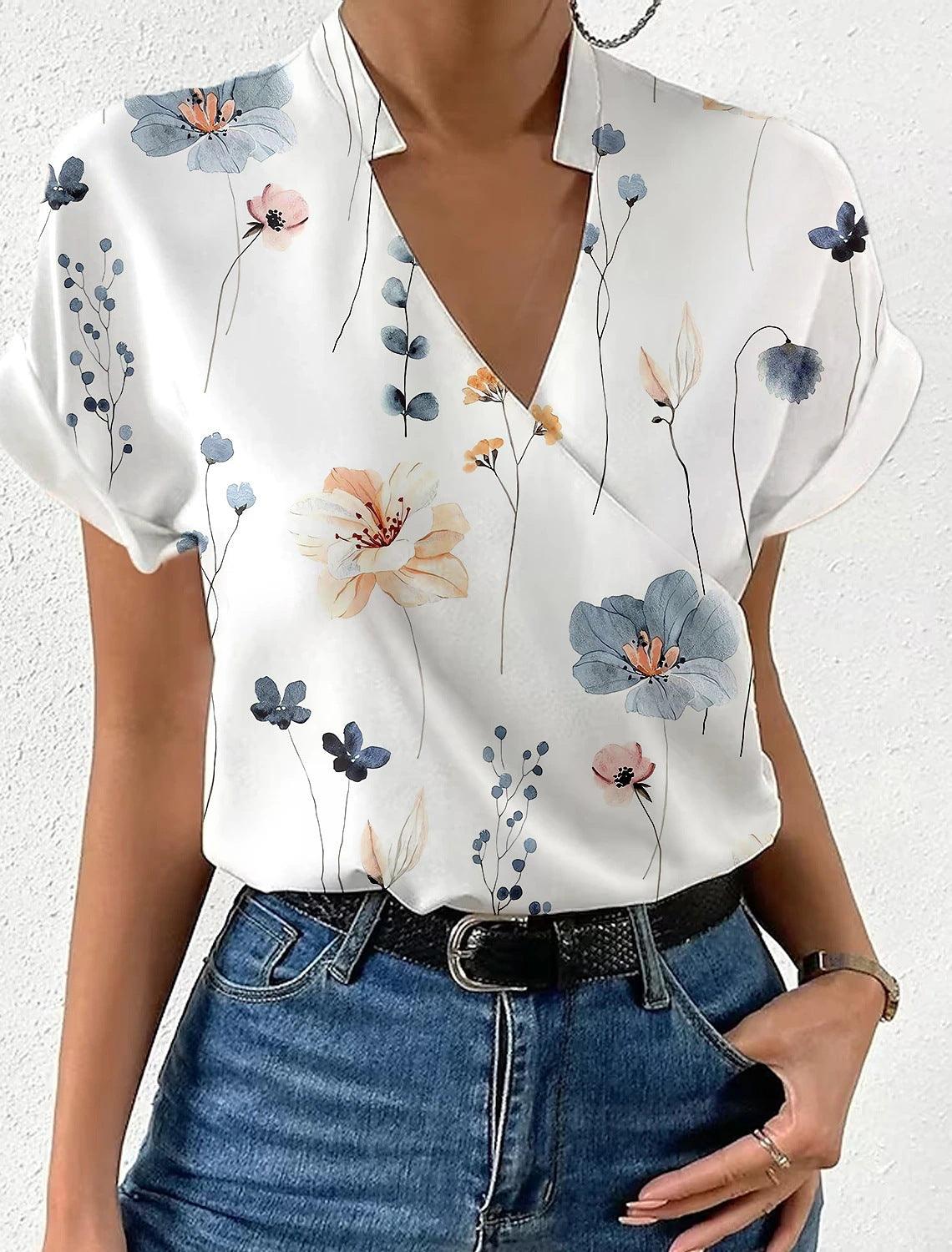 Summer Loose V-neck Stand Collar Printed Shirt - Nioor