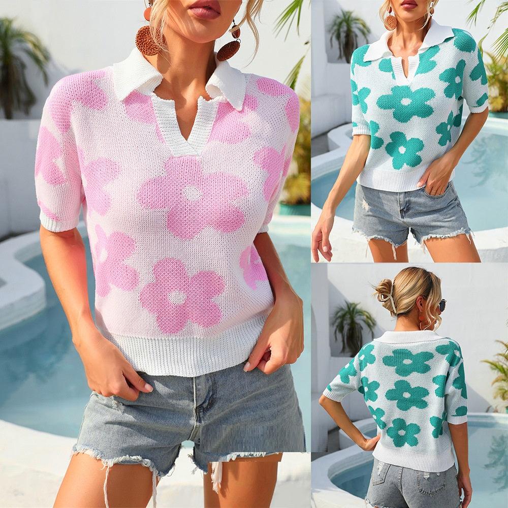 Summer New Women's Trending Unique Lapel Flower Print Short Sleeve - Nioor