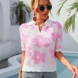 Summer New Women's Trending Unique Lapel Flower Print Short Sleeve - Nioor