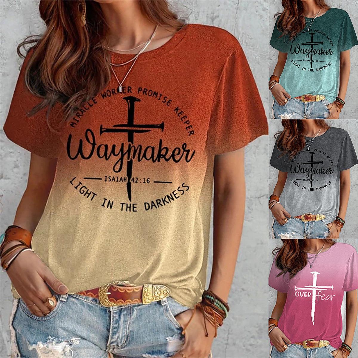 Summer Short Sleeve T-shirt Cross And Letter Print Tops Women - Nioor