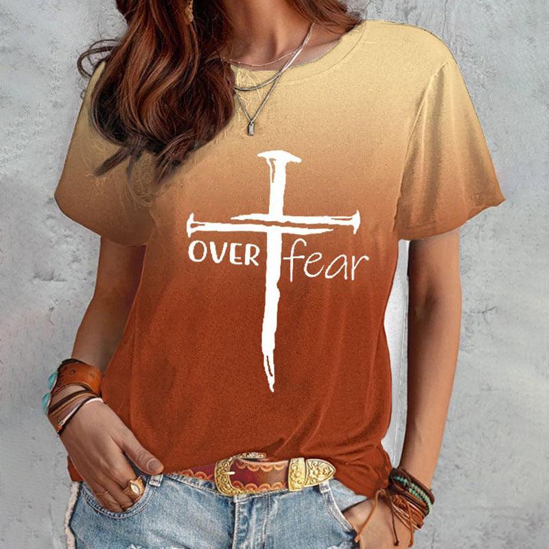 Summer Short Sleeve T-shirt Cross And Letter Print Tops Women - Nioor