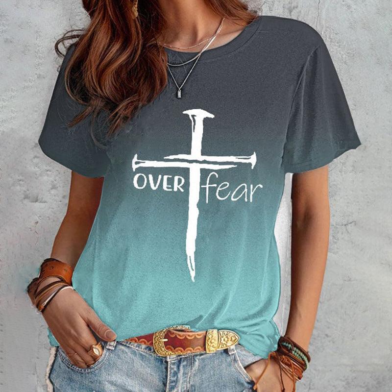 Summer Short Sleeve T-shirt Cross And Letter Print Tops Women - Nioor