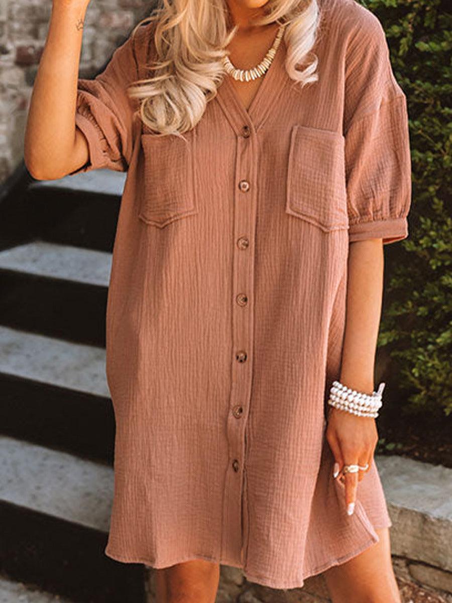 Summer Solid Color Thin Puff Sleeve Dress Women - Nioor