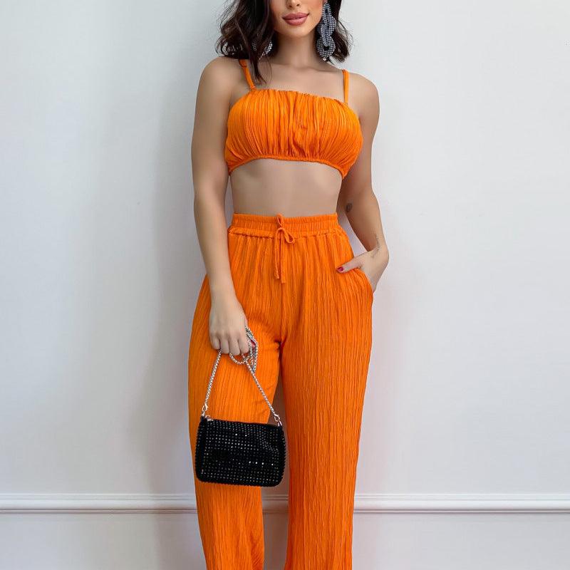 Summer Suit Solid Color Sleeveless Suspender Pleated Fabric Trousers Two-piece Set - Nioor