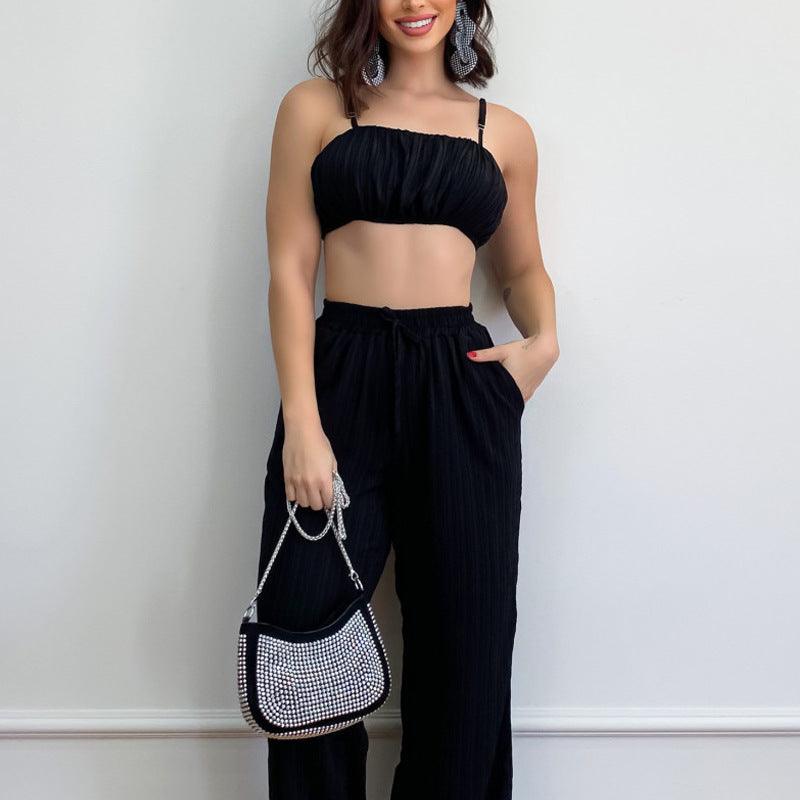 Summer Suit Solid Color Sleeveless Suspender Pleated Fabric Trousers Two-piece Set - Nioor