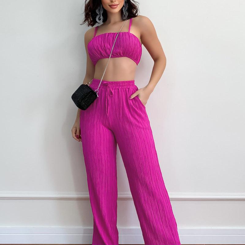 Summer Suit Solid Color Sleeveless Suspender Pleated Fabric Trousers Two-piece Set - Nioor