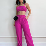 Summer Suit Solid Color Sleeveless Suspender Pleated Fabric Trousers Two-piece Set - Nioor