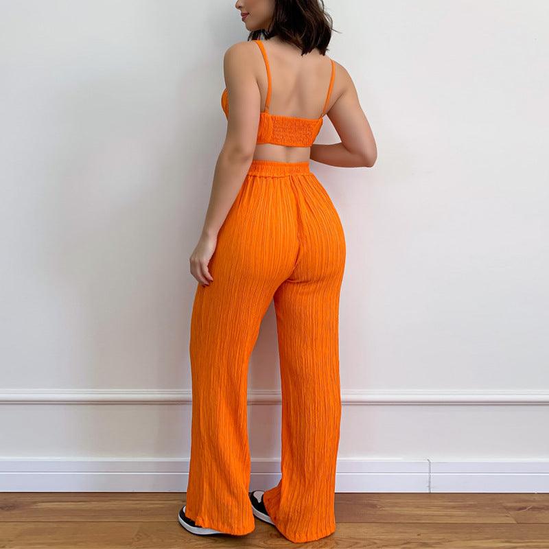 Summer Suit Solid Color Sleeveless Suspender Pleated Fabric Trousers Two-piece Set - Nioor