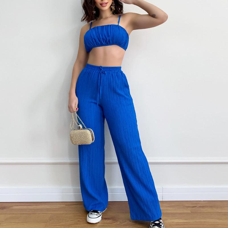 Summer Suit Solid Color Sleeveless Suspender Pleated Fabric Trousers Two-piece Set - Nioor