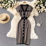 Summer V-neck Slim-fit Mid-length Single-breasted Color Matching Houndstooth Knitted Dress - Nioor