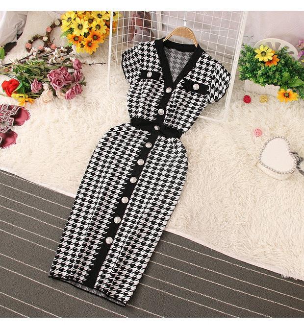 Summer V-neck Slim-fit Mid-length Single-breasted Color Matching Houndstooth Knitted Dress - Nioor