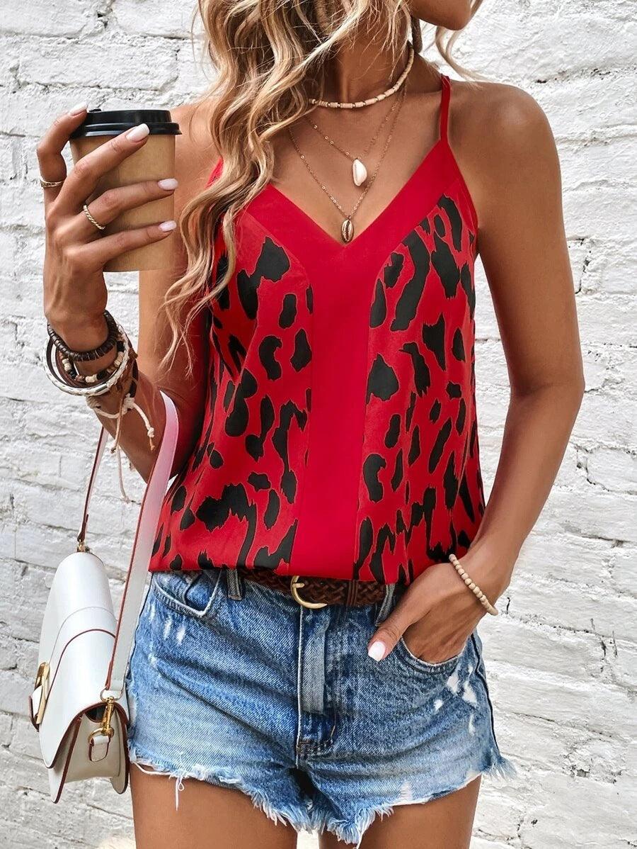 Summer Women's Leopard Print Stitching Spaghetti-strap Camisole Top - Nioor