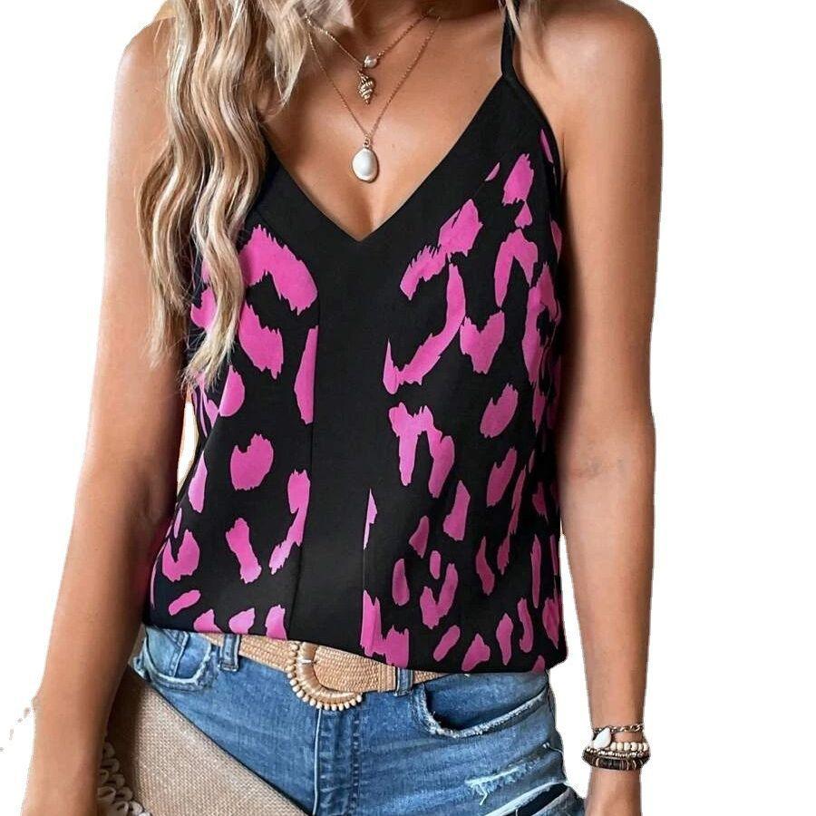 Summer Women's Leopard Print Stitching Spaghetti-strap Camisole Top - Nioor