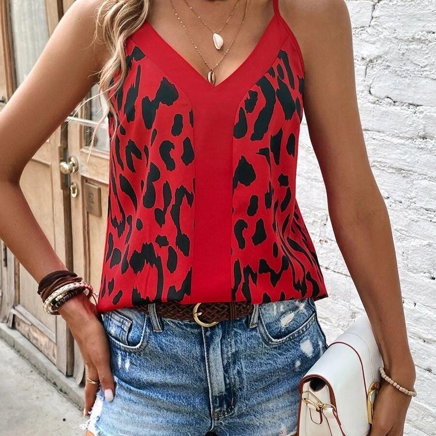 Summer Women's Leopard Print Stitching Spaghetti-strap Camisole Top - Nioor