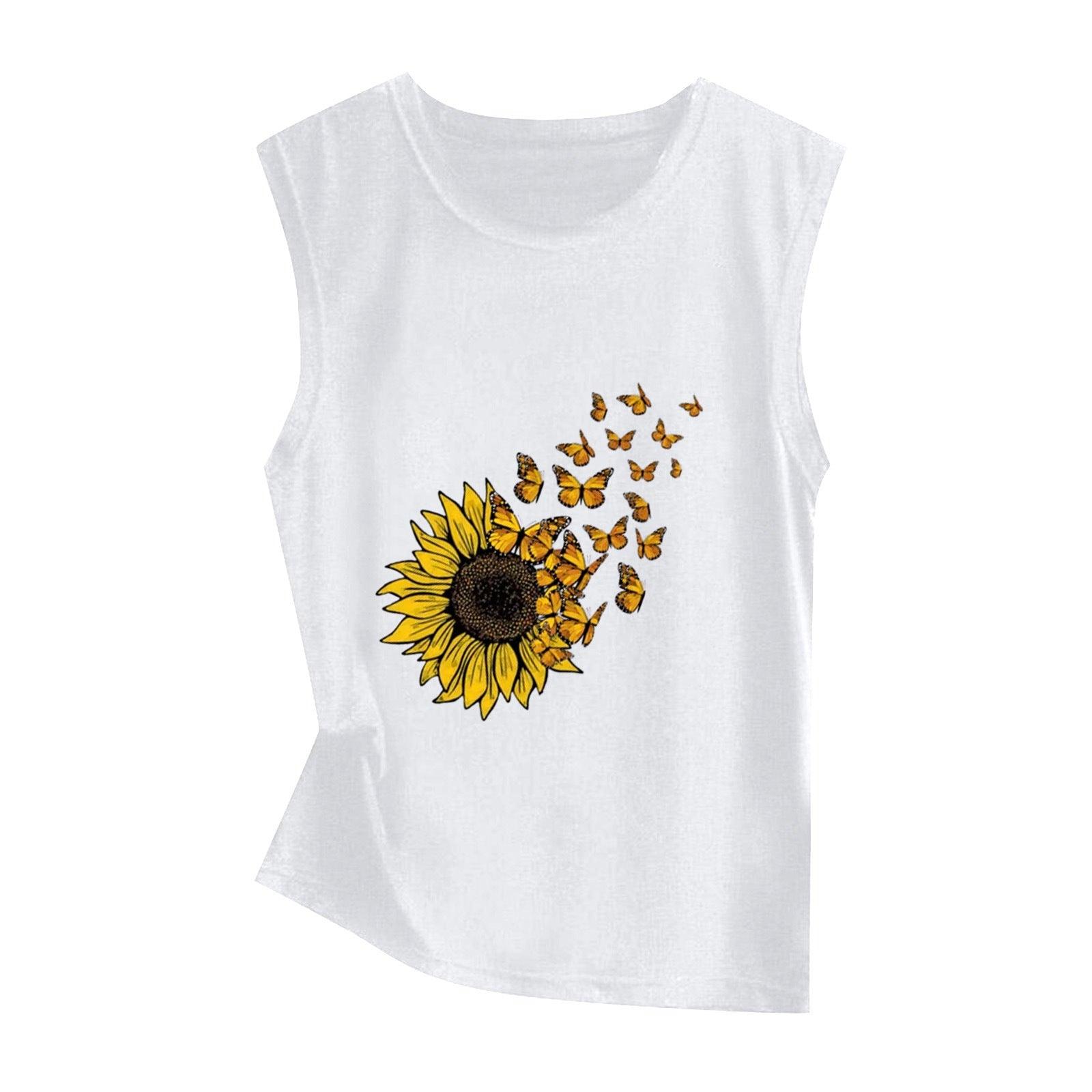 Sunflower Print Sleeveless Women's Vest Butterfly Top - Nioor