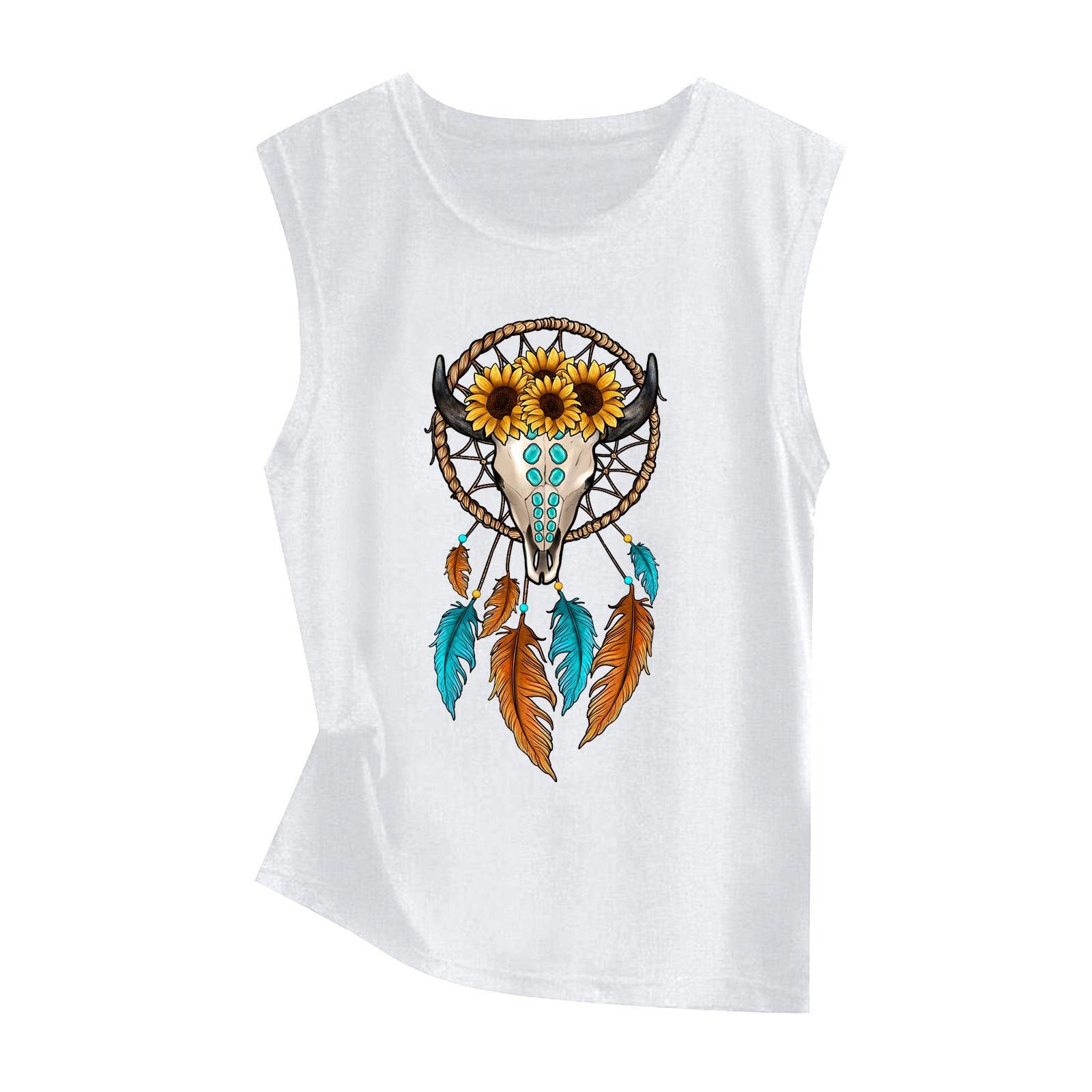 Sunflower Print Sleeveless Women's Vest Butterfly Top - Nioor