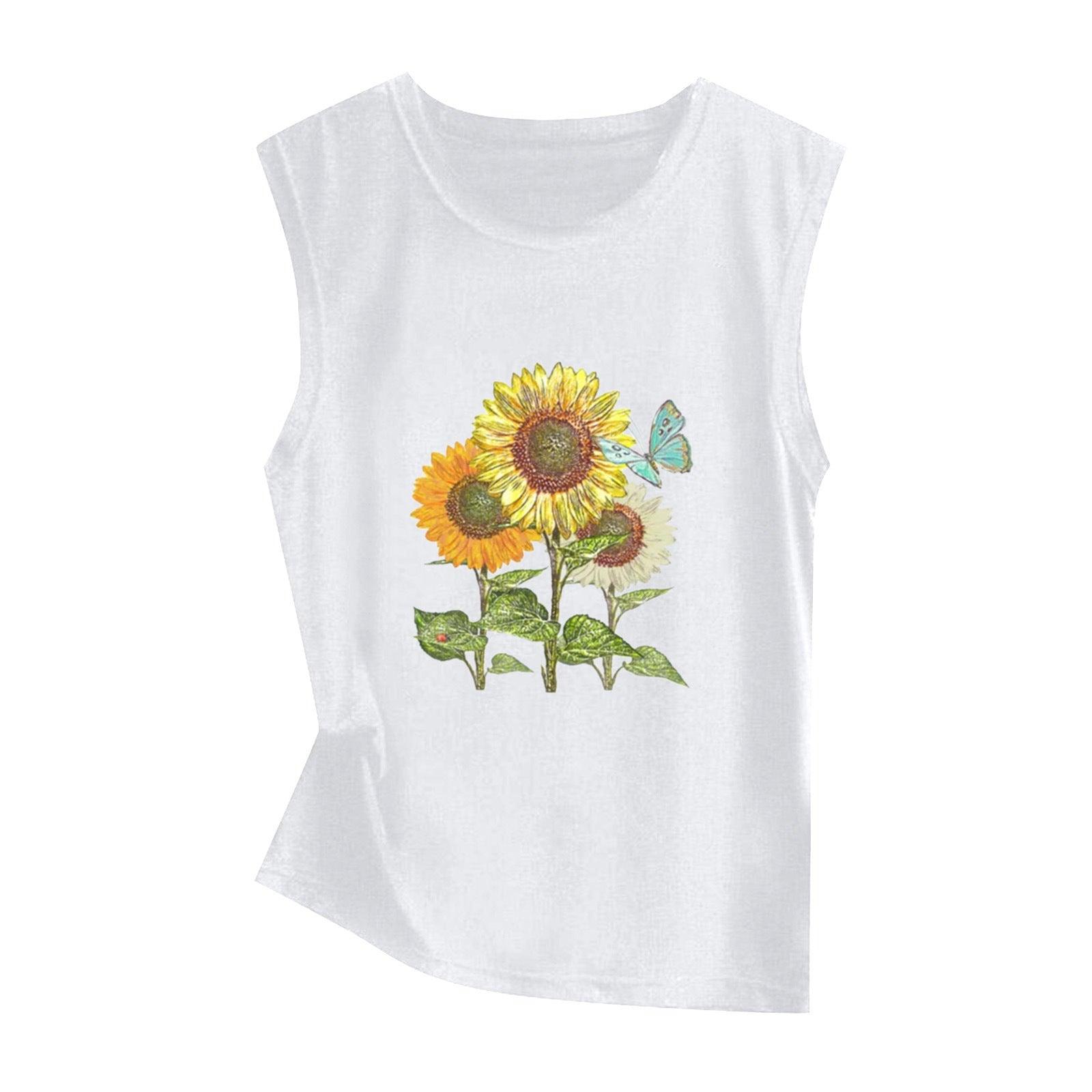 Sunflower Print Sleeveless Women's Vest Butterfly Top - Nioor