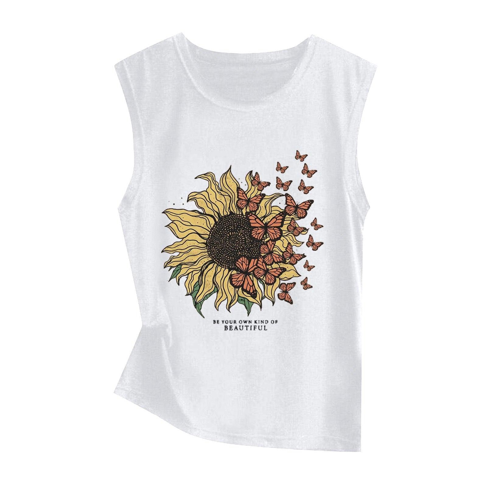 Sunflower Print Sleeveless Women's Vest Butterfly Top - Nioor