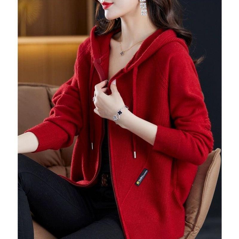 Sweater Cardigan Hooded Outer Tops Loose Casual Zipper Knitted Coat - Nioor