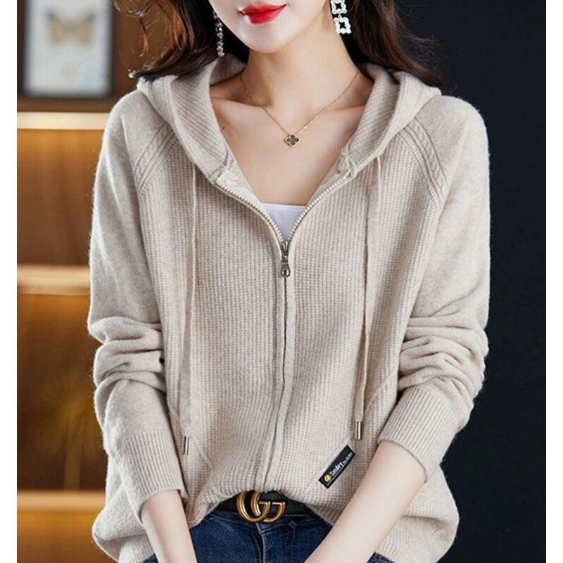 Sweater Cardigan Hooded Outer Tops Loose Casual Zipper Knitted Coat - Nioor