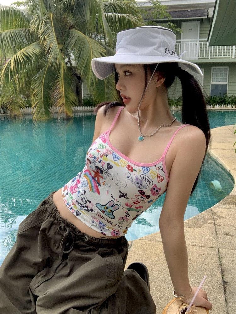 Sweet Hot Girl Cute Cartoon Graffiti Outer Wear Short Printed Sling - Nioor