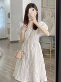 Tea Break French Style White V-neck Puff Sleeve Dress Women - Nioor