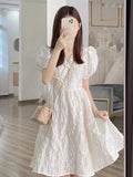 Tea Break French Style White V-neck Puff Sleeve Dress Women - Nioor