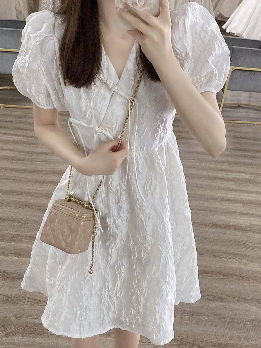 Tea Break French Style White V-neck Puff Sleeve Dress Women - Nioor