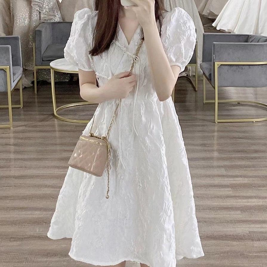 Tea Break French Style White V-neck Puff Sleeve Dress Women - Nioor