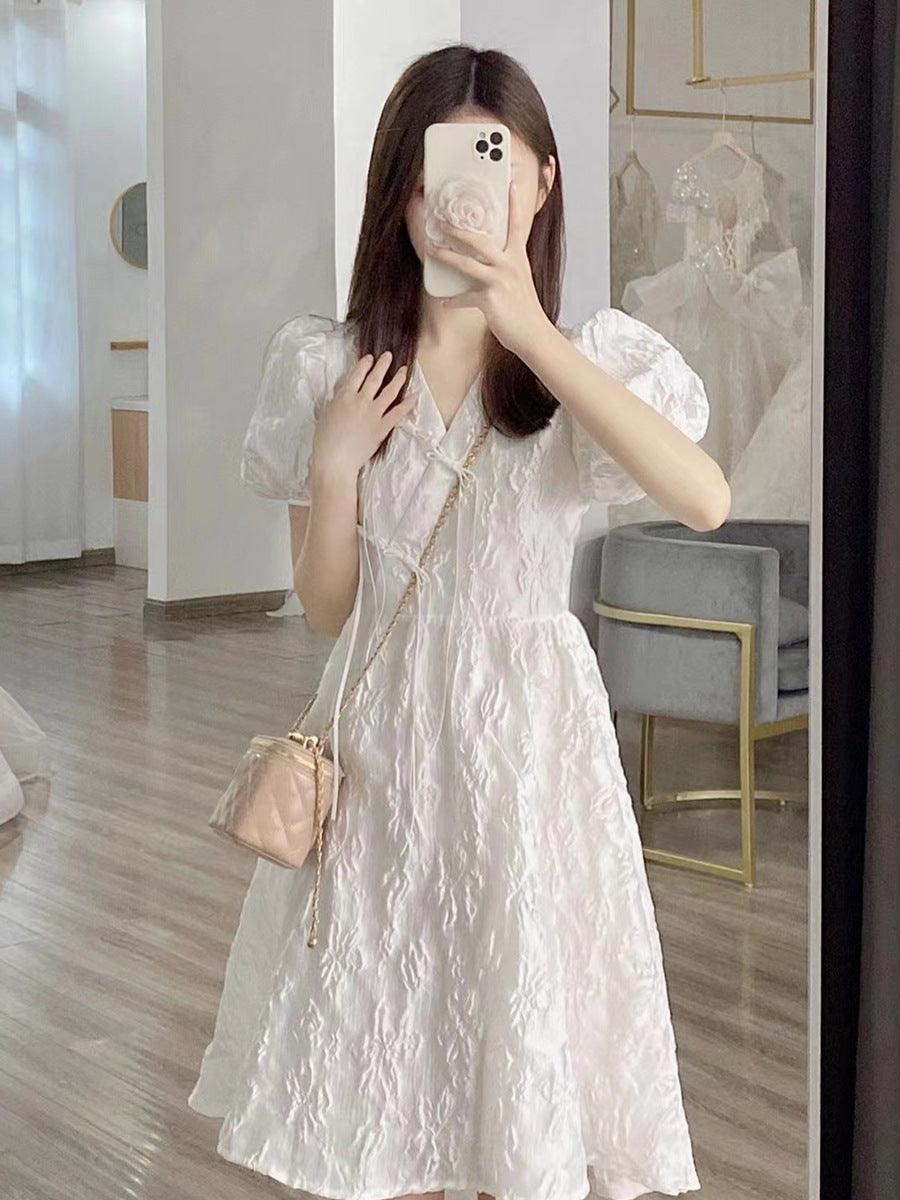 Tea Break French Style White V-neck Puff Sleeve Dress Women - Nioor