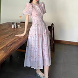 Tea Dress Cinched Slimming Short Sleeves Beaded Printed Long Dress - Nioor