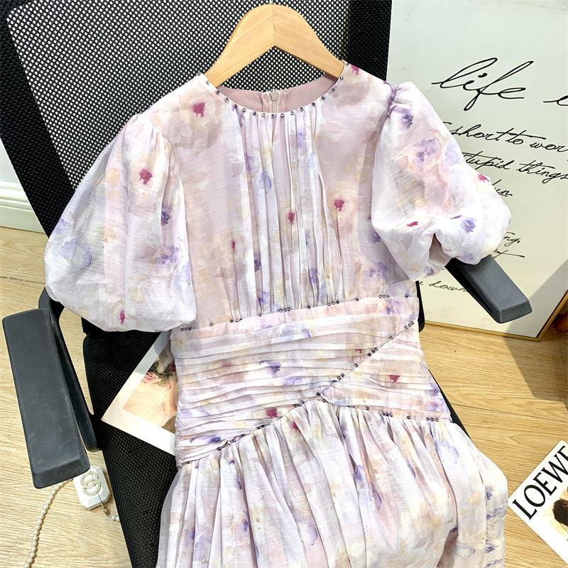 Tea Dress Cinched Slimming Short Sleeves Beaded Printed Long Dress - Nioor