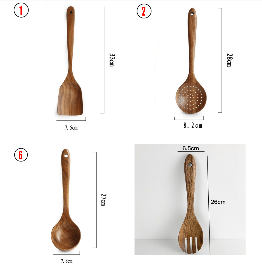 Thailand Teak Natural Wood Tableware Spoon Ladle Turner Long Rice Colander Soup Skimmer Cooking Spoons Scoop Kitchen Tool Set - Nioor