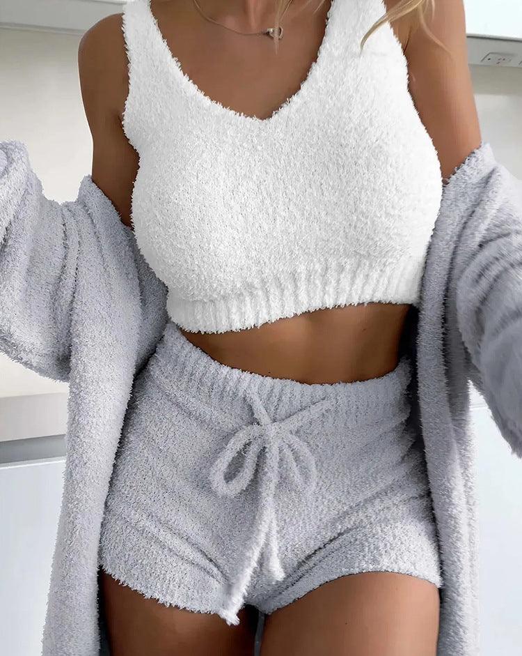 Thermal Three-piece Fluff Coat Spaghetti Strap Short Top Shorts Suit - Nioor