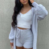 Thermal Three-piece Fluff Coat Spaghetti Strap Short Top Shorts Suit - Nioor