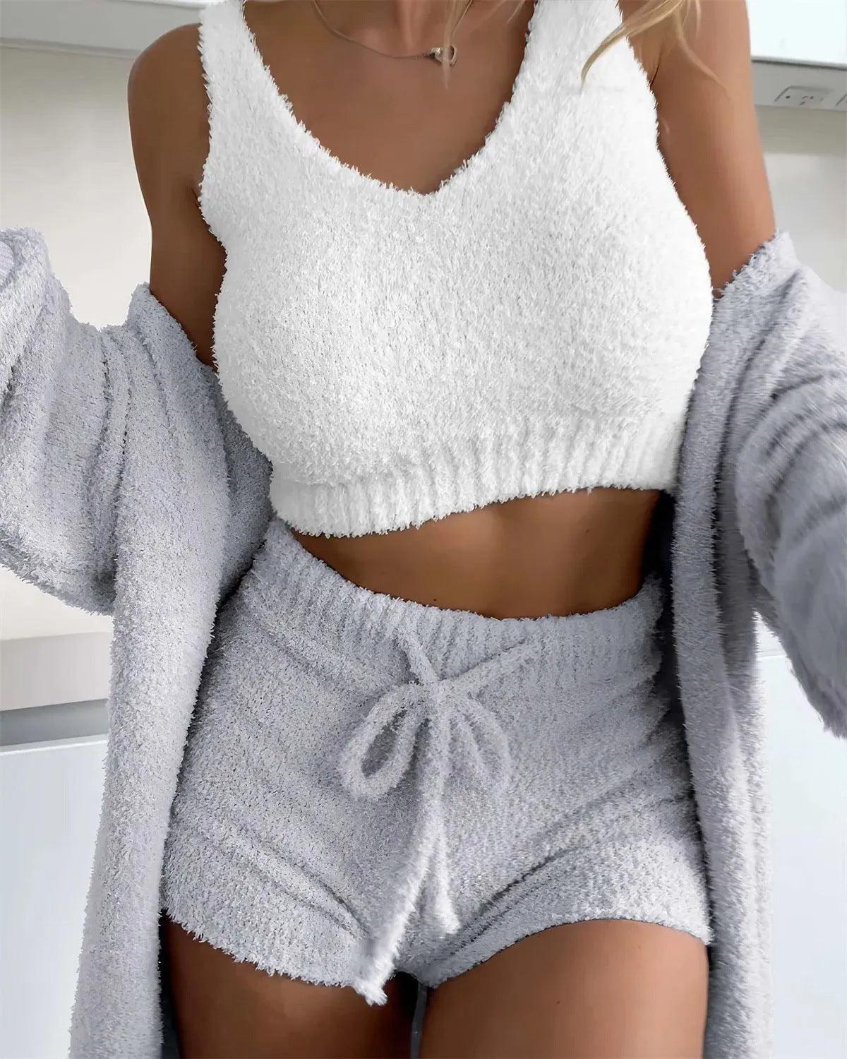 Thermal Three-piece Fluff Coat Spaghetti Strap Short Top Shorts Suit - Nioor