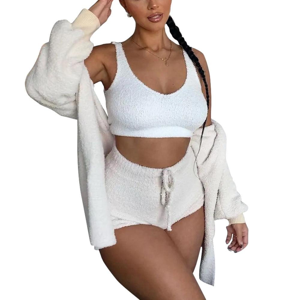 Thermal Three-piece Fluff Coat Spaghetti Strap Short Top Shorts Suit - Nioor