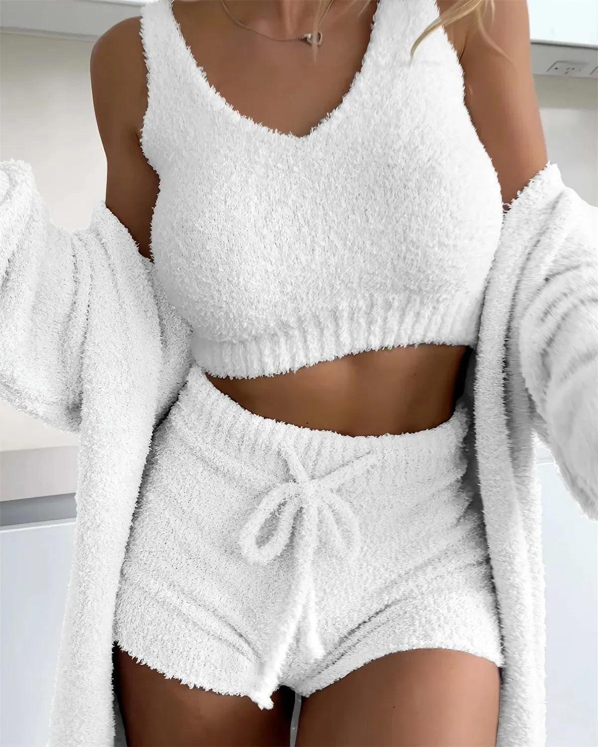 Thermal Three-piece Fluff Coat Spaghetti Strap Short Top Shorts Suit - Nioor