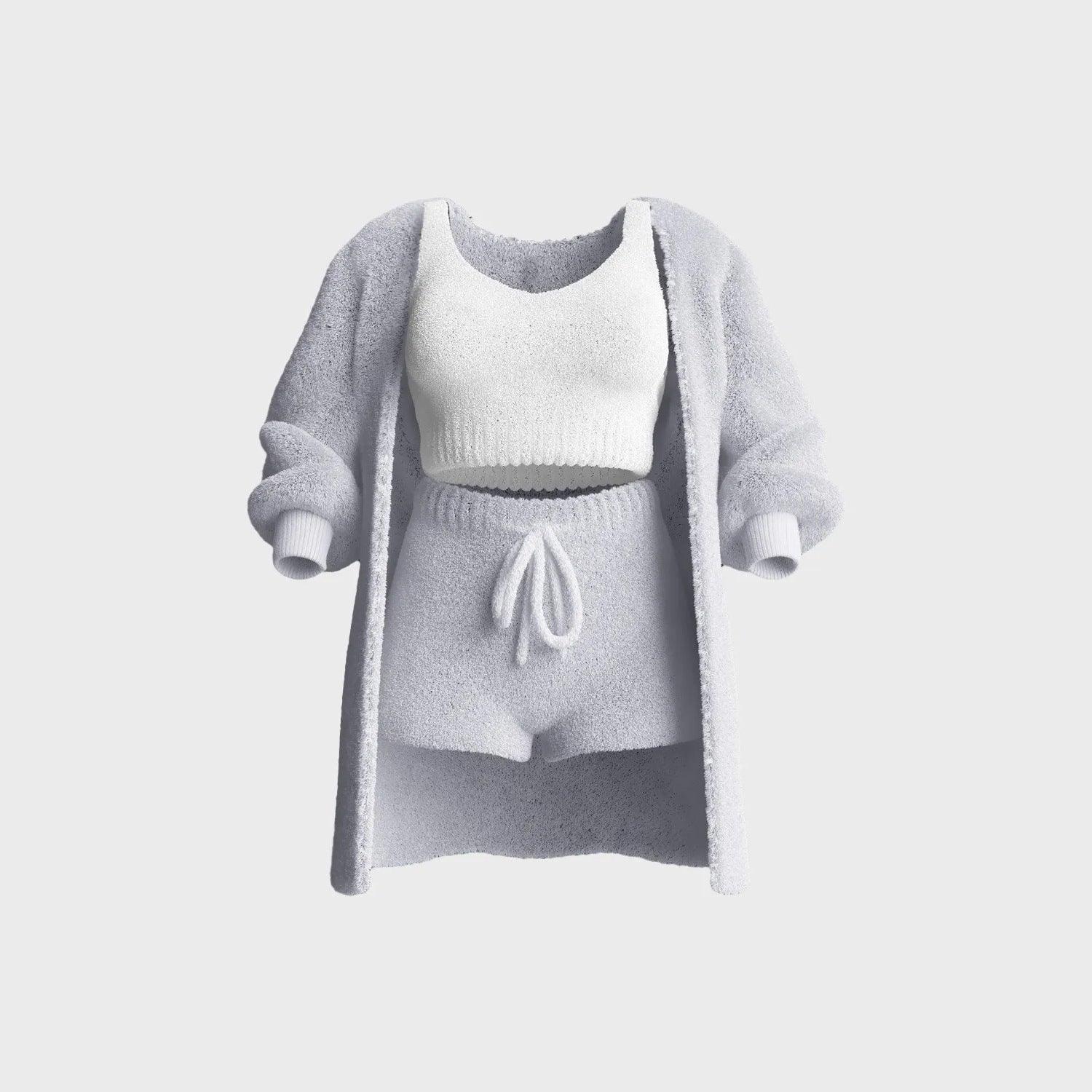 Thermal Three-piece Fluff Coat Spaghetti Strap Short Top Shorts Suit - Nioor