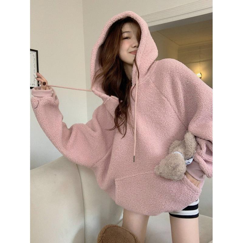 Thickened Imitation Lamb Wool Hooded Sweater For Women - Nioor