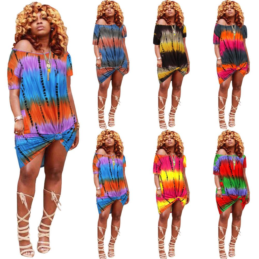 Tie-dye Diagonal Collar Short Sleeve Loose Shirt Dress - Nioor