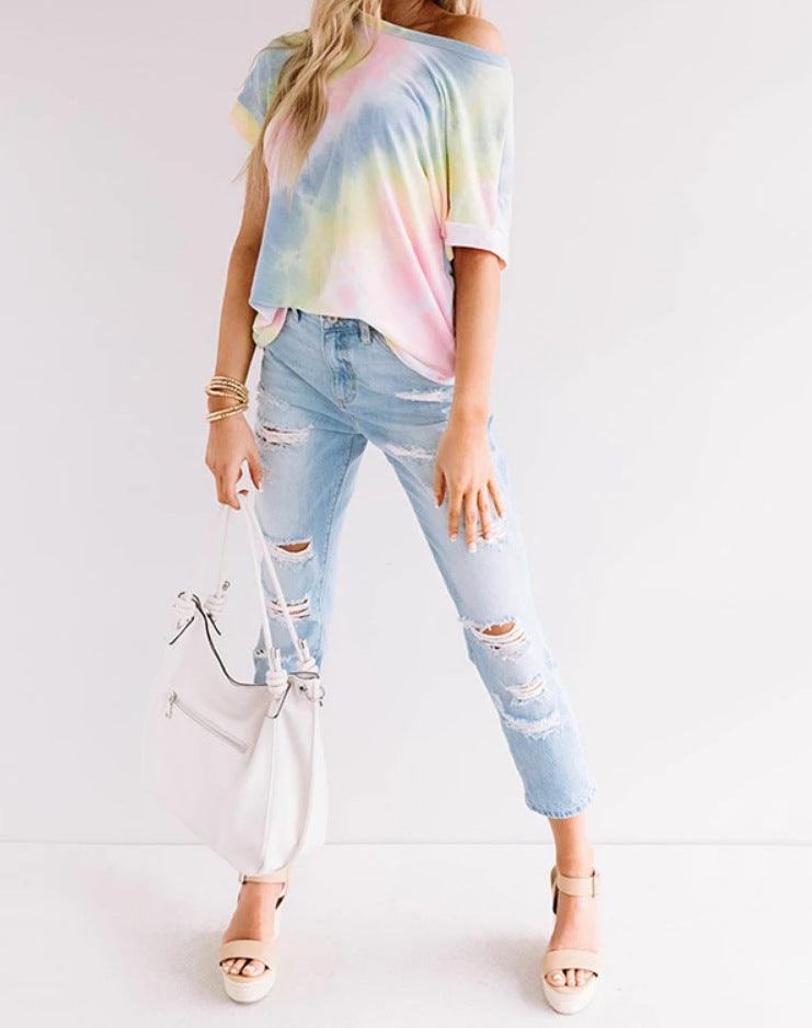 Tie-dye Gradient Rainbow T-shirt Women's Clothing - Nioor