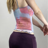 Tie-dye Printing Mesh See-through Camisole Hot Girl Backless Bottoming Shirt Top - Nioor