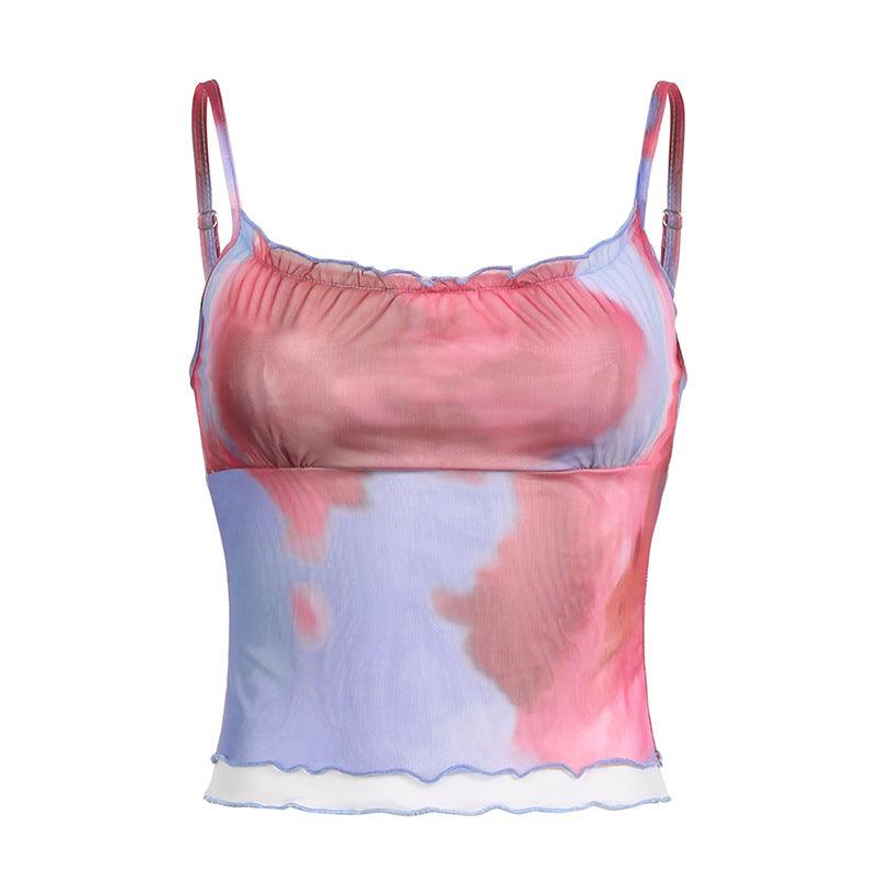 Tie-dye Printing Mesh See-through Camisole Hot Girl Backless Bottoming Shirt Top - Nioor